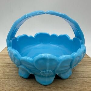 Vintage Westmoreland Pansy Blue Milk Glass Basket Split Handle Footed